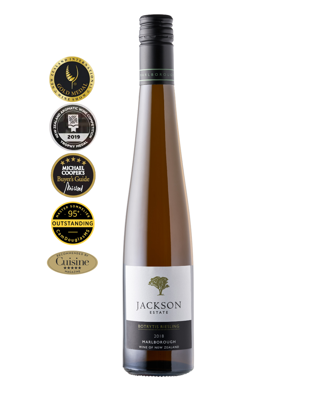 Jackson Estate Botrytis Riesling 2018 Marlborough bottle displayed with five award medals including Gold Medal and Outstanding ratings