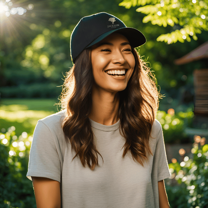 Smiling woman wearing a Jackson Estate branded cap, standing in a sunlit garden setting