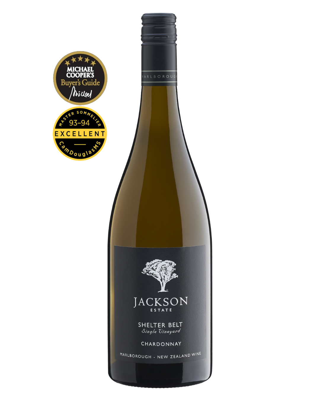 Jackson Estate Shelter Belt Single Vineyard Marlborough Chardonnay bottle with Michael Cooper's Buyer's Guide and 93–94 Excellent ratings