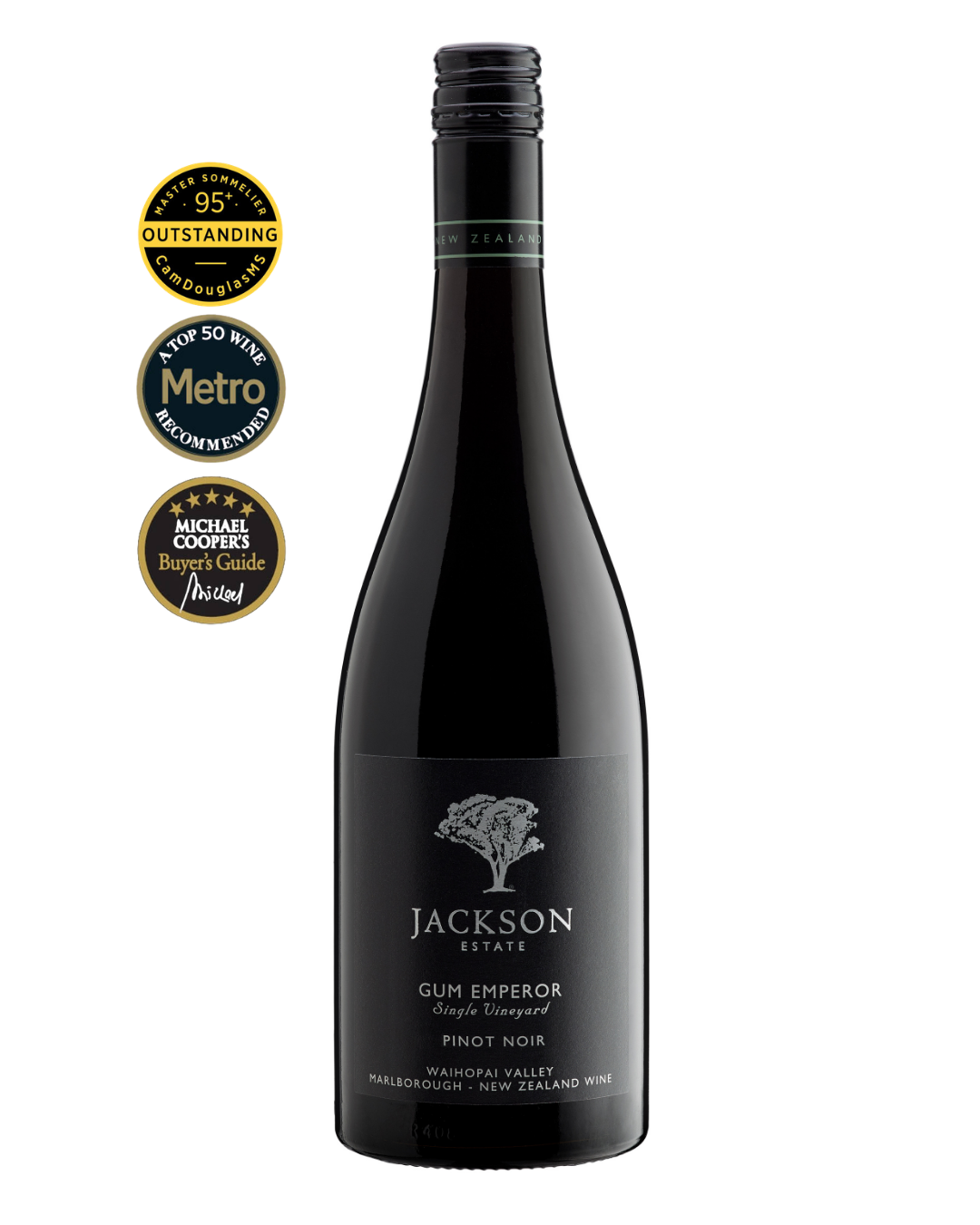 Jackson Estate Gum Emperor Single Vineyard Pinot Noir bottle with three award medals including a 95-point Outstanding rating.