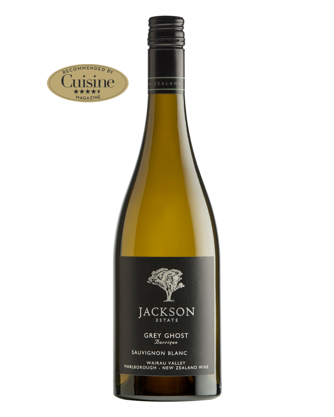 Jackson Estate Grey Ghost Barrique Sauvignon Blanc bottle with a Cuisine Magazine Recommended award badge