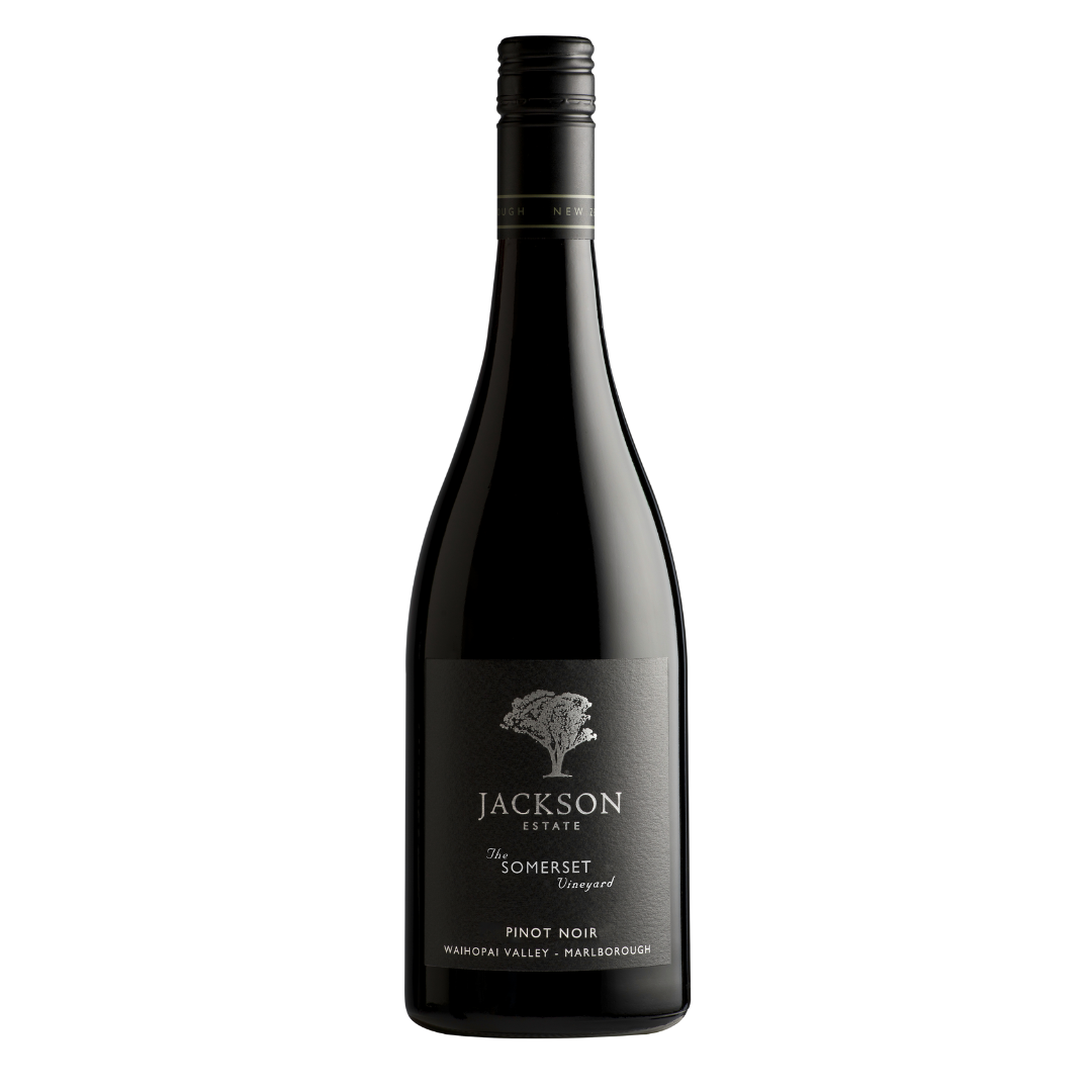 Jackson Estate The Somerset Vineyard Pinot Noir, Wairau Valley Marlborough, in a dark bottle on a white background