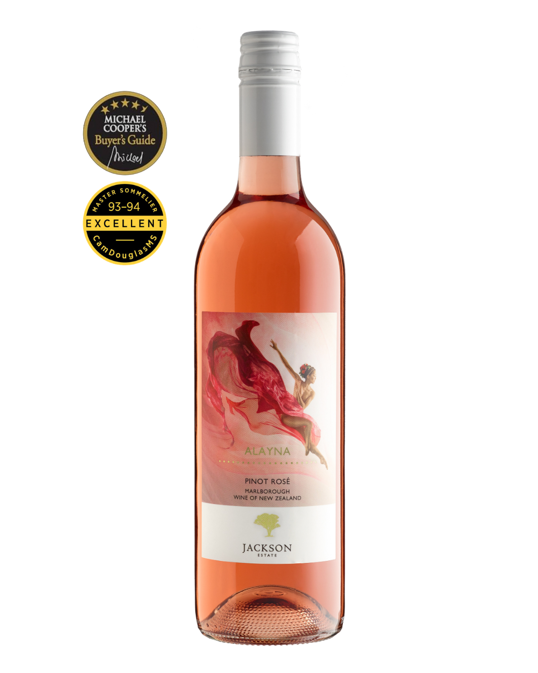 Jackson Estate Alayna Marlborough Pinot Rosé bottle with Michael Cooper's Buyer's Guide and Master Sommelier 93–94 Excellent award medallions