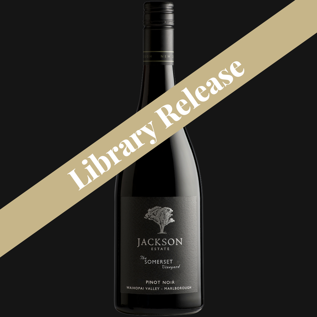 Jackson Estate The Somerset Vineyard Pinot Noir bottle on dark background with a Library Release banner across the image