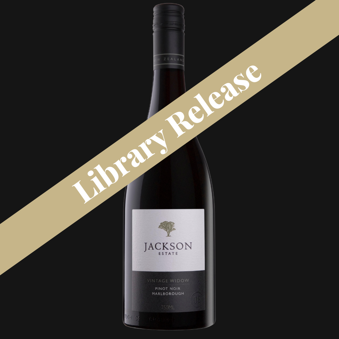 Jackson Estate Vintage Widow Pinot Noir Marlborough — Library Release promotional bottle shot on dark background