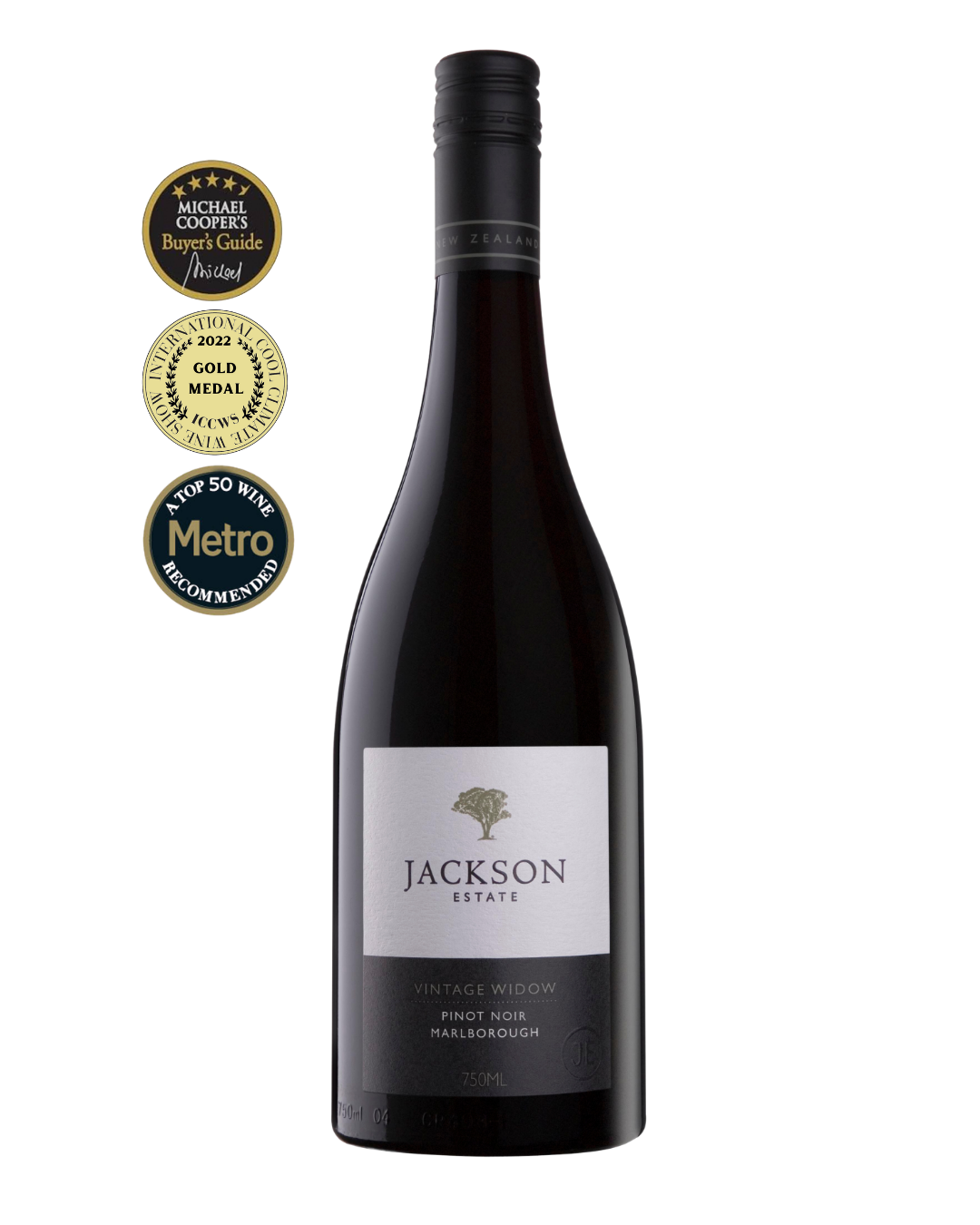 Jackson Estate Vintage Widow Pinot Noir Marlborough bottle with three award medals including a 2022 Gold Medal and Metro Top 50 Wines recommendation.