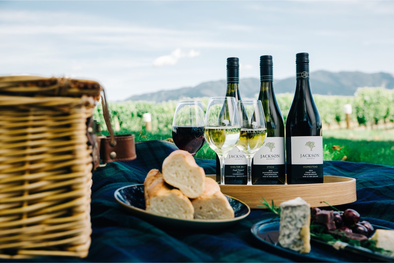 Jackson Estate Shelter Belt Chardonnay, Stich Sauvignon Blanc and Homestead Pinot Noir set for a vineyard picnic with bread and cheese
