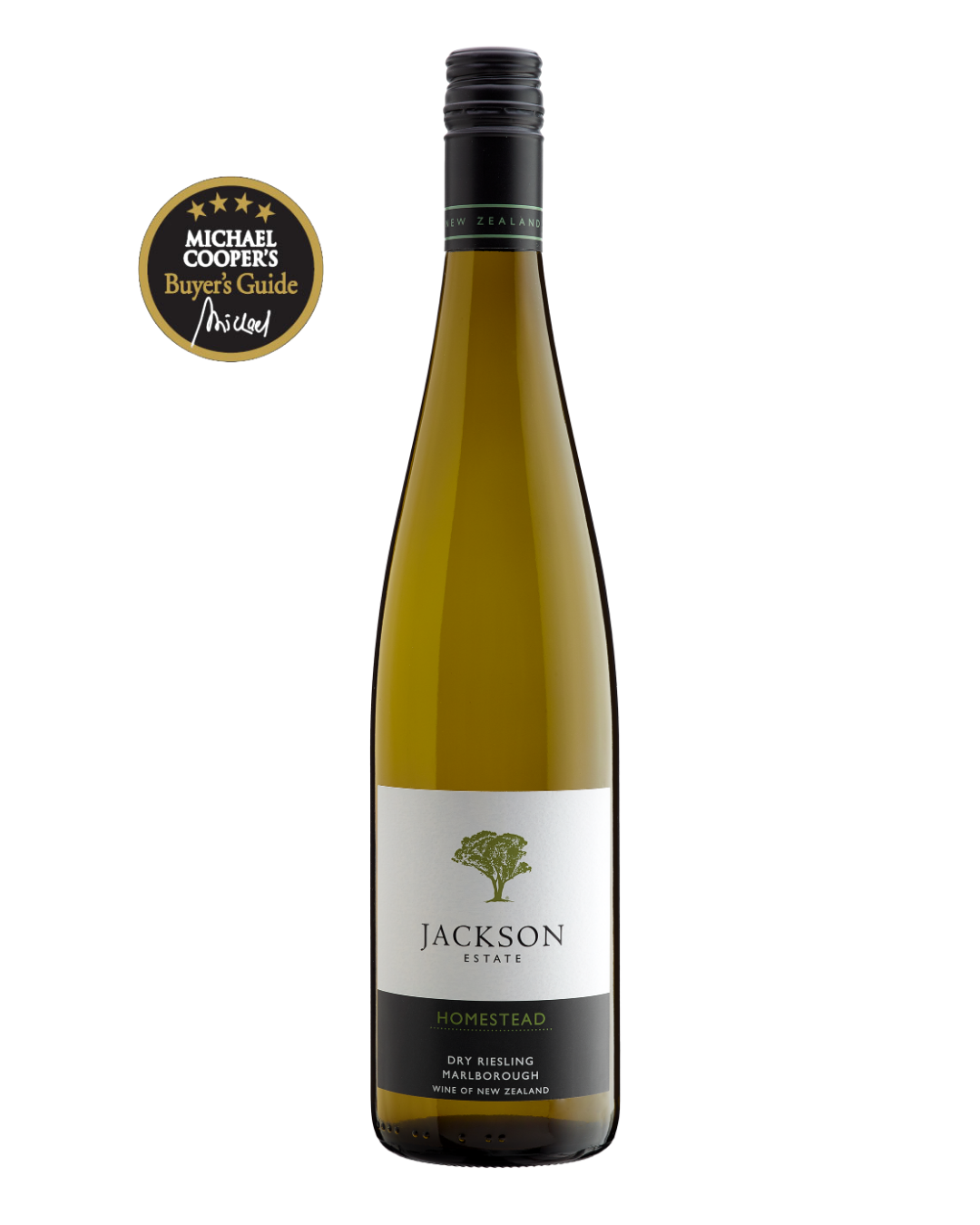 Jackson Estate Homestead Dry Riesling Marlborough wine bottle with a Michael Cooper's Buyer's Guide award medallion