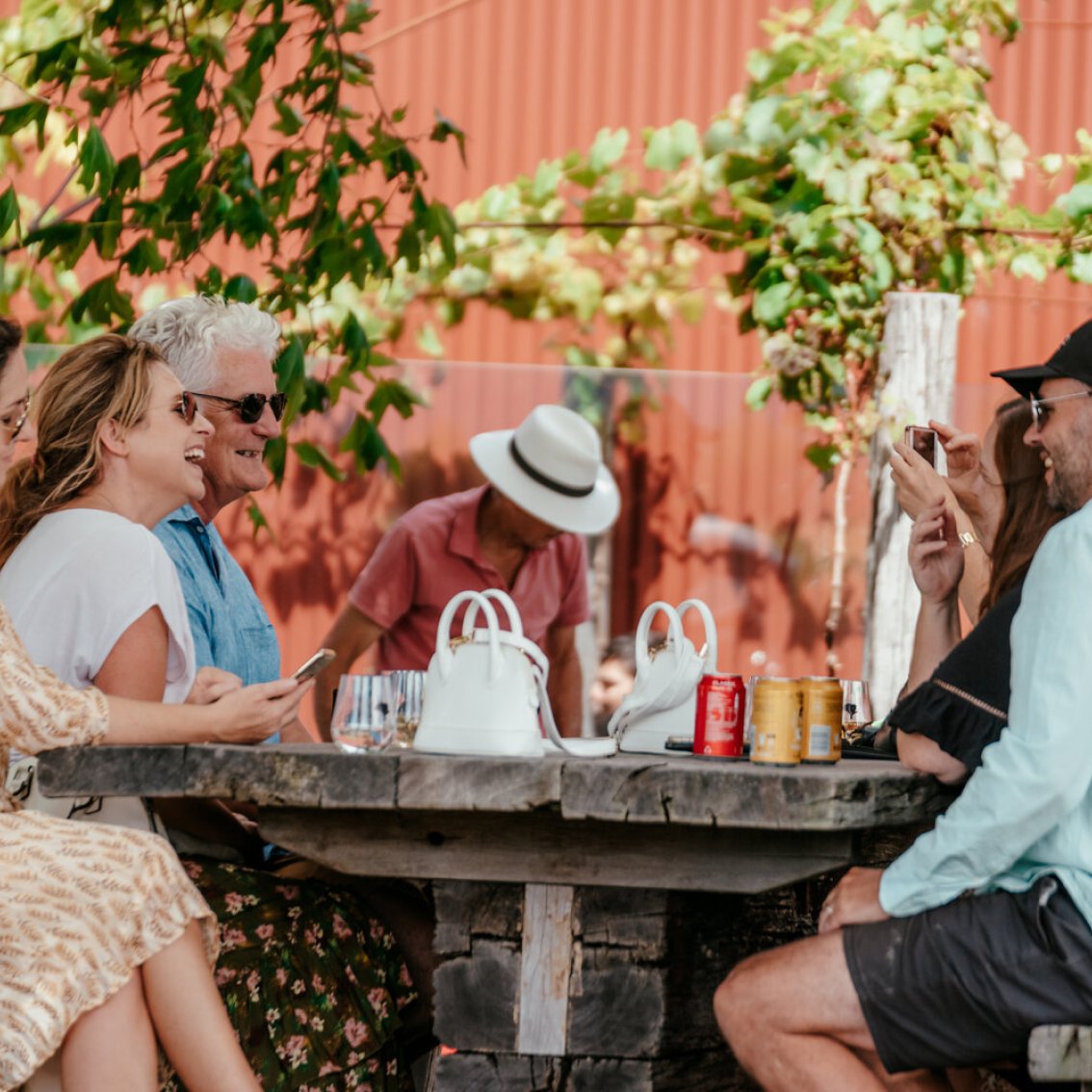 Group of friends laughing and socialising at an outdoor rustic stone table, with wine glasses and drinks, beneath leafy vines