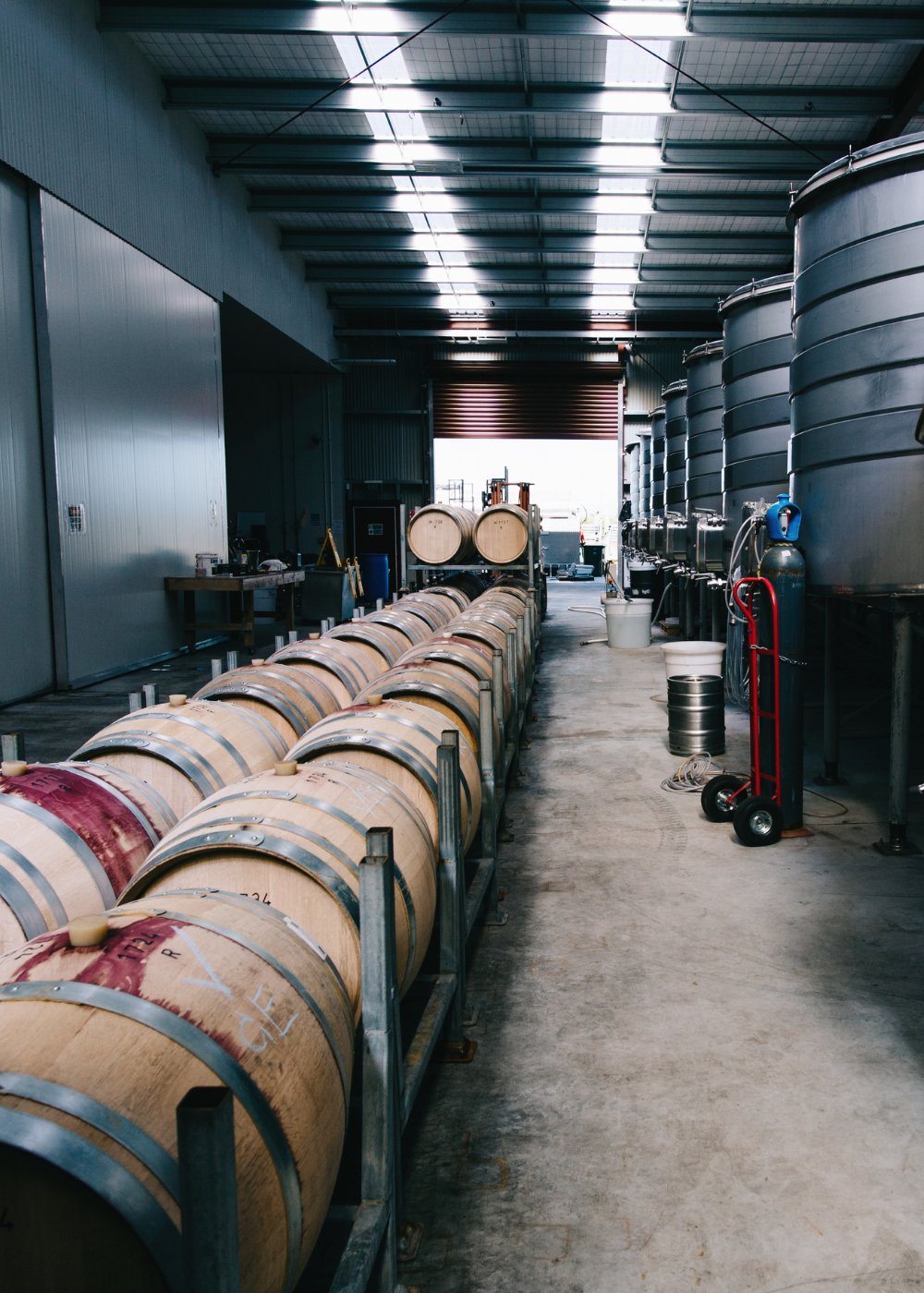 Rows of oak wine barrels stacked at Jackson Estate winery alongside large stainless steel fermentation tanks